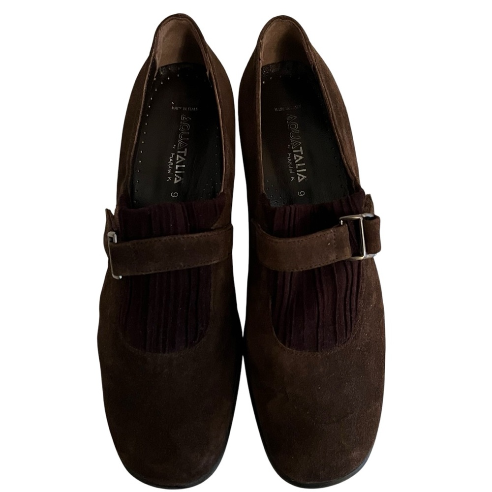 Aquatalia Brown Suede Mary Jane Slip On Wedge 9